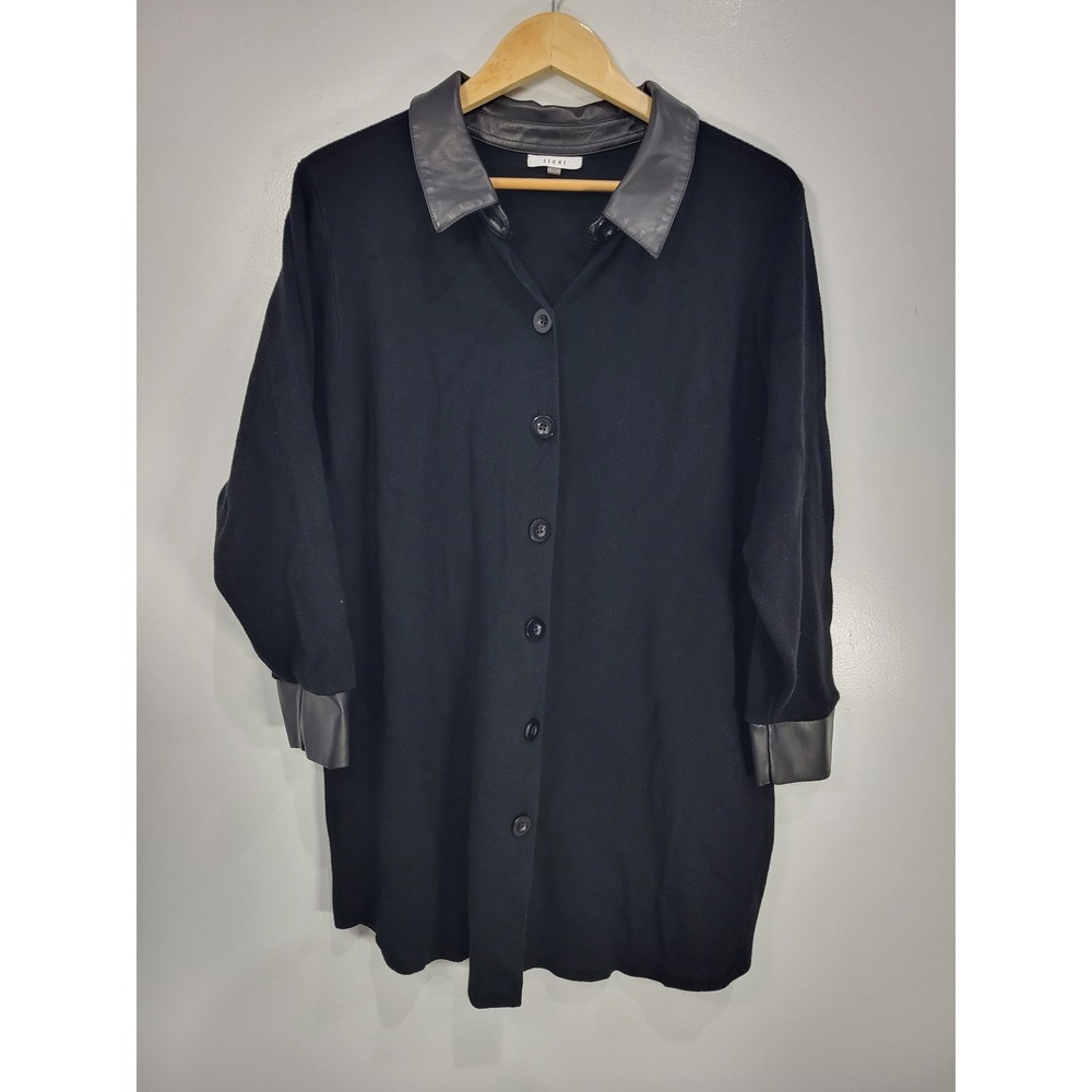 Sioni Womens 1X Black Knit Cardigan Faux Leather Collar Button Down Sweater